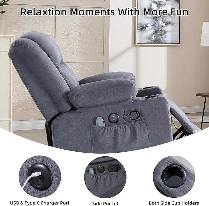 Rocker Recliner Chair with Heat and Massage, 360° Swivel Recliner Chairs for Adults, Heavy Duty Reclining Sofa Chair with USB Port Cup Holders Side Pockets for Living Room (Grey)-Ruum Studio Home