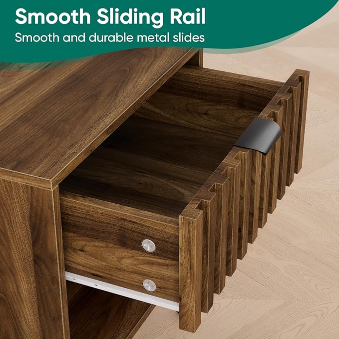 Smuxee Walnut Wooden Night Stand, Mid Century Nightstand with Fluted Drawer, Bedside Table with Open Shelf, Modern End Side Table for Bedroom-Ruum Studio Home