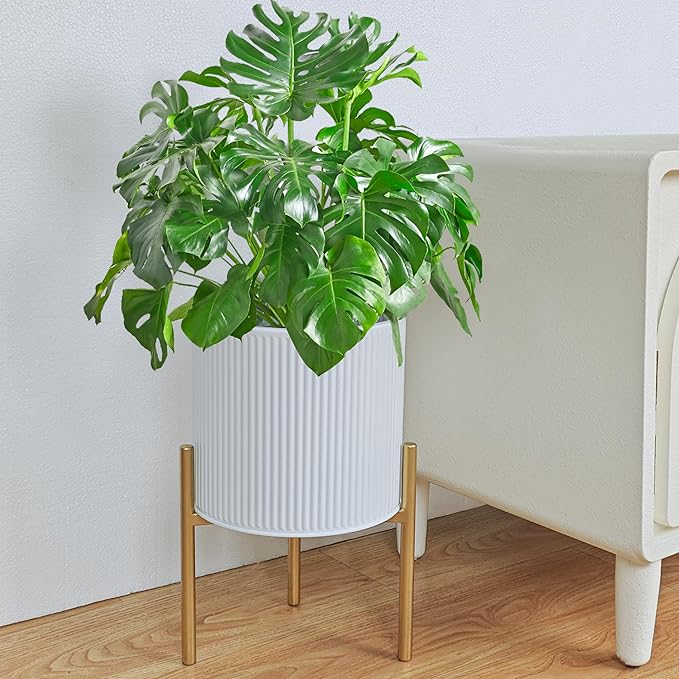 ARNIS Modern Planter Pots, Set of 2 Round Large Planters with Stand, Decorative Floor Planters, Metal Pots with Drainage Holes for Living Room, Office, Garden or Balcony, 8.25 &10.5 Inch, White & Gold-Ruum Studio Home