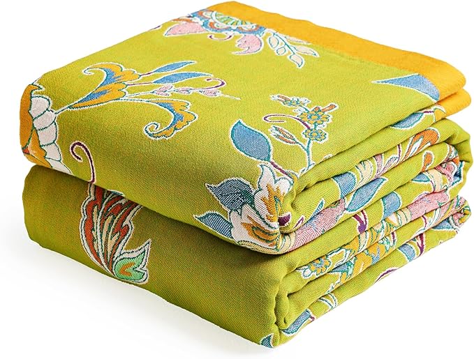 Boho Throw Blanket 80" x 90", 100% Organic Cotton Breathable Ultra Soft Bed Quilt Throw - All Season Luxury Floral Farmhouse Decor Blanket for Sofa Couch Chair and Gift. Green/Blue-Ruum Studio Home