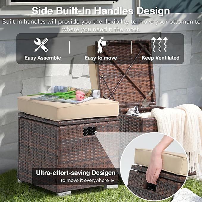 Patiorama 2 Piece Outdoor Patio Ottomans, All-Weather Brown PE Rattan Wicker Ottoman with Storage, Outdoor Footrest Footstool Seat w/Thick Cushion, Built-in Handle for Backyard Poolside Porch (Beige)-Ruum Studio Home