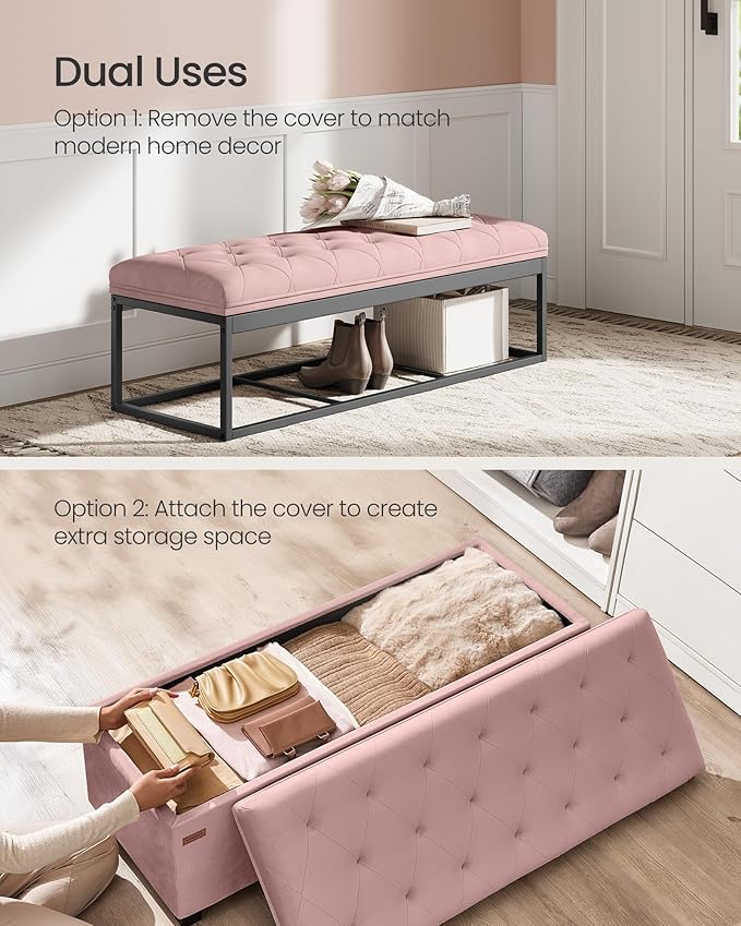 SONGMICS Velvet Storage Ottoman Bench, Foot Rest with Legs, 15.7 x 43 x 15.7 Inches, End of Bed Bench, Storage Chest, Load up to 660 lb, for Living Room, Bedroom, Entryway, Jelly Pink ULSF089R01-Ruum Studio Home