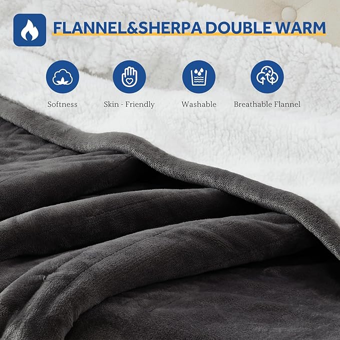 Sealy Electric Blanket Twin Size 62"*84",Super Cozy Flannel to Sherpa Reversible Heated Twin Blanket with 10 Heating Levels & 1-12 Hours Auto Off Overheating Protection Machine Washable, Charcoal-Ruum Studio Home