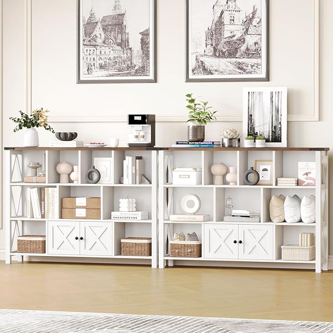 11 Cube Storage Organizer Bookshelf, Wooden Open Cube Shelf Bookcase, Farmhouse Display Book Shelf, 3 Tier Cube Bookshelves with Storage, Rustic White-Ruum Studio Home