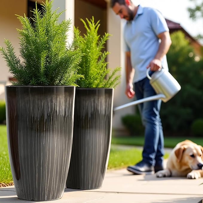 Worth Garden 23.5" H. Large Plastic Planters - Set of 2 Gradient Black Glossy Smooth Finish - Tall Plant Pots for Indoor & Outdoor Use - Decorative Lightweight Flower Pots for Front Porch, Patio, Deck-Ruum Studio Home
