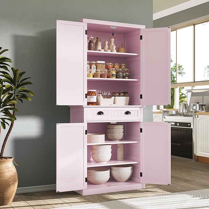 ARTPOWER 72" Tall Kitchen Pantry Storage Cabinet with Drawer and Adjustable Shelves, Pantry Cabinet for Kitchen, Bathroom or Hallway, Pink-Ruum Studio Home