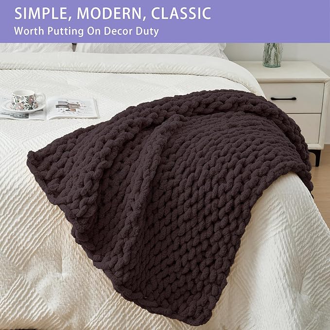 Bigacogo Chunky Knit Throw Blanket for Couch, 40x40 inches, 100% Hand Knitted with Thick Jumbo Chenille Yarn, Cozy Soft Large Rope Knot Cable Crochet Blankets for Sofa Bed Living Room, Chocolate-Ruum Studio Home