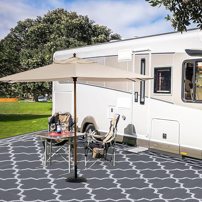 GAOMON Outdoor Rugs Patio Camping Waterproof Rug 6'x9' Plastic Straw Patio Rug Portable for Campers, Outside RVs Mat for Patios Clearance, Backyard Porch, Balcony, Grey/White(Geometric)-Ruum Studio Home