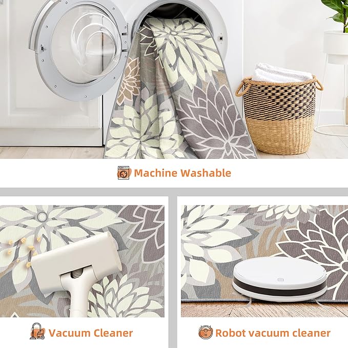 Indoor Outdoor Area Rug Washable Multicolored Patio Rug Tropical Botanical Modern Floral Indoor Outdoor Carpet Brown White Rug Non Slip Non Shedding for Patio, Deck, Backyard, Porch (5x8)-Ruum Studio Home
