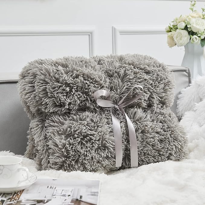 GONAAP Fuzzy Faux Fur Throw Blanket Twin Size Light Grey Super Soft Cozy Plush Fuzzy Shaggy Blanket for Couch Sofa Bed (Light Grey, Twin(60"x80"))-Ruum Studio Home