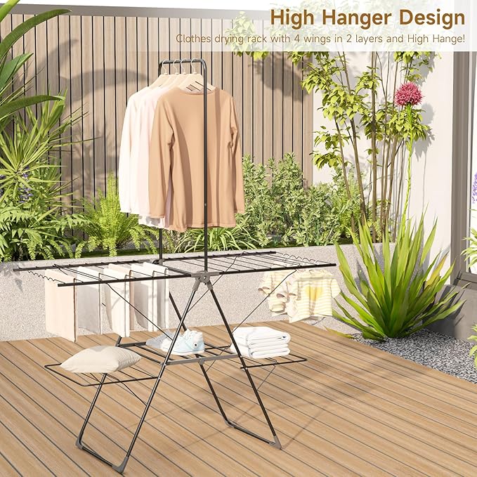 Bigzzia Clothes Drying Rack Foldable, 68.9Inch High Hanger Laundry Drying Rack with 4 Height-Adjustable Wings, Lightweight and Space Saving Clothes Airer for Apartments, Dorms, Camping-Ruum Studio Home