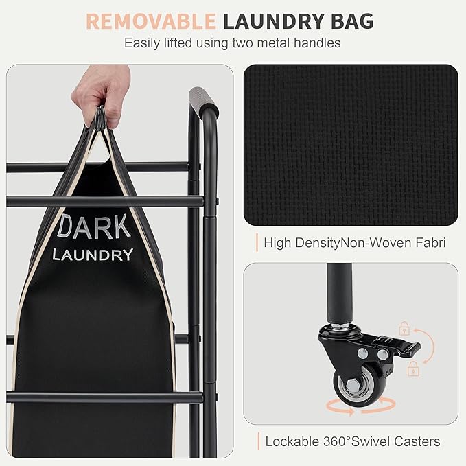 Laundry Sorter 3 Section,Laundry Hamper Cart with Hanging Rack & Removable Bags,Heavy Duty Laundry Basket with Wheels & 2 Tier Shelf,Space-Saving Laundry Basket Organizer for Laundry Room-Ruum Studio Home