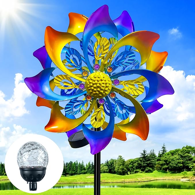 60 Inch Solar Wind Spinner Outdoor - Double-Sided Rotating Colorful Kinetic Wind Spinners for Garden, Yard Decorations Outdoor,Metal Wind Sculptures & Spinners, Wind Art-Ruum Studio Home