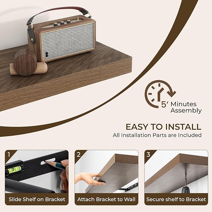 RICHFOCUS 31.5Inch Floating Shelves for Wall 2 Pack Shelves for Bedroom|Kitchen|Bathroom Wall Mounted Rustic Wood Floating Shelf with Invisible Brackets for Books|Storage|Decor, Walnut-Ruum Studio Home