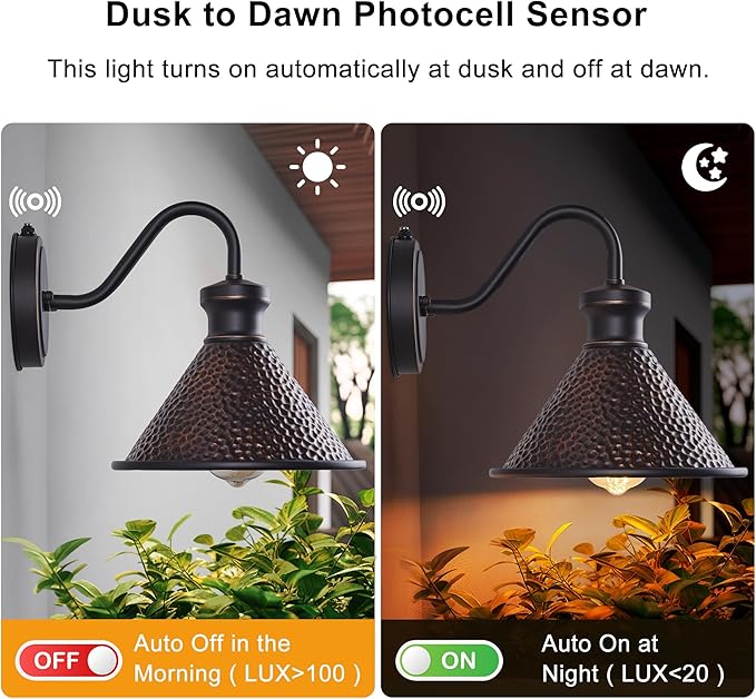 Dusk to Dawn Outdoor Gooseneck Wall Sconce with Dark Sky Cast Hammered Aluminum Shade in Oil Rubbed Bronze Finish,Anti-Rust Waterproof Outdoor Light for Farmhouse Porch Garage,1-Light E26-Ruum Studio Home