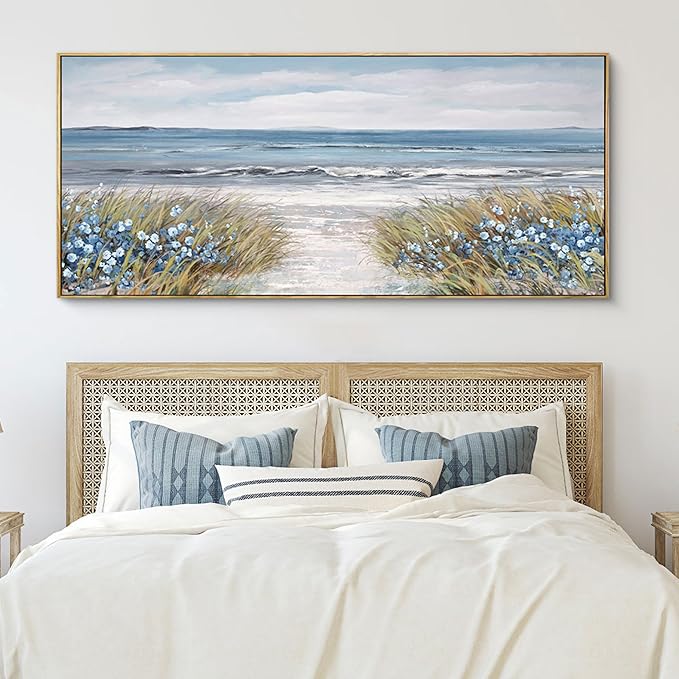XLSJERST Extra Large Framed Wall Art for Living Room Decor - Farmhouse Boho Beach Coastal Vintage Floral Ocean Wall Picture Flowers Sea Canvas Print Artwork for Home Bedroom Office-Ruum Studio Home