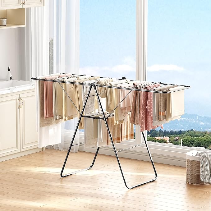APEXCHASER Clothes Drying Rack, Oversized Drying Rack Clothing with Height-Adjustable, Foldable Gullwings Metal Laundry Rack, Indoor Outdoor Use, No Assembly, Black-Ruum Studio Home