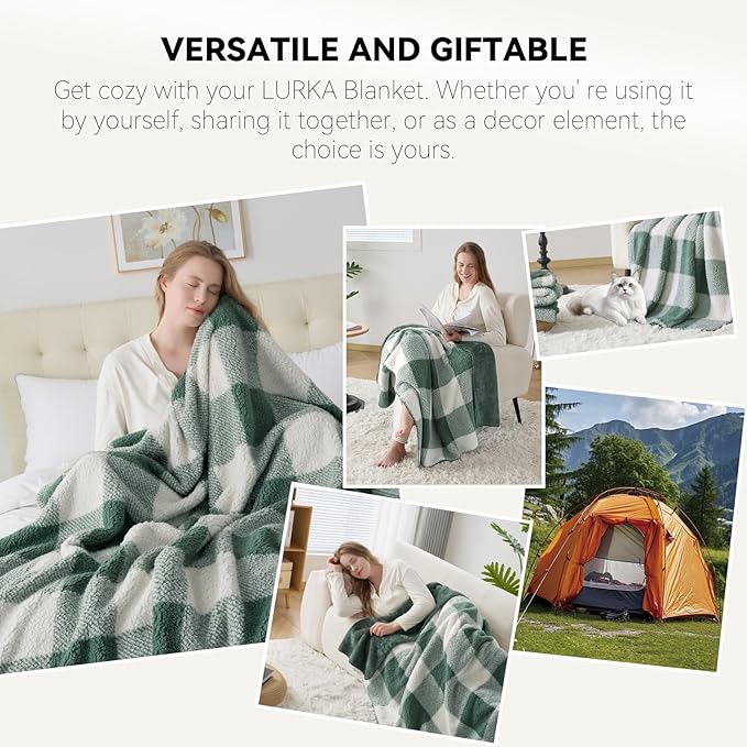 LURKA Checkered Sherpa Fleece Twin-Size Bed Blanket - Extra Thick and Warm Winter Soft Fuzzy Plush Blanket for Couches, Beds & Pets, Sage, 60x80 Inches-Ruum Studio Home