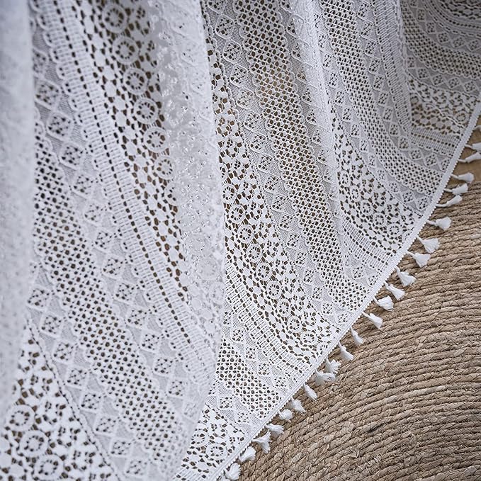 Sutuo Home Boho Sheer Curtain 108 Inches Long, Crochet Lace with Bohemian Hollow Knitted Handmade Tassels,Vintage Farmhouse Window Treatment for Bedroom, Rod Pocket, 1 Panel 59" W x 108" L, White-Ruum Studio Home