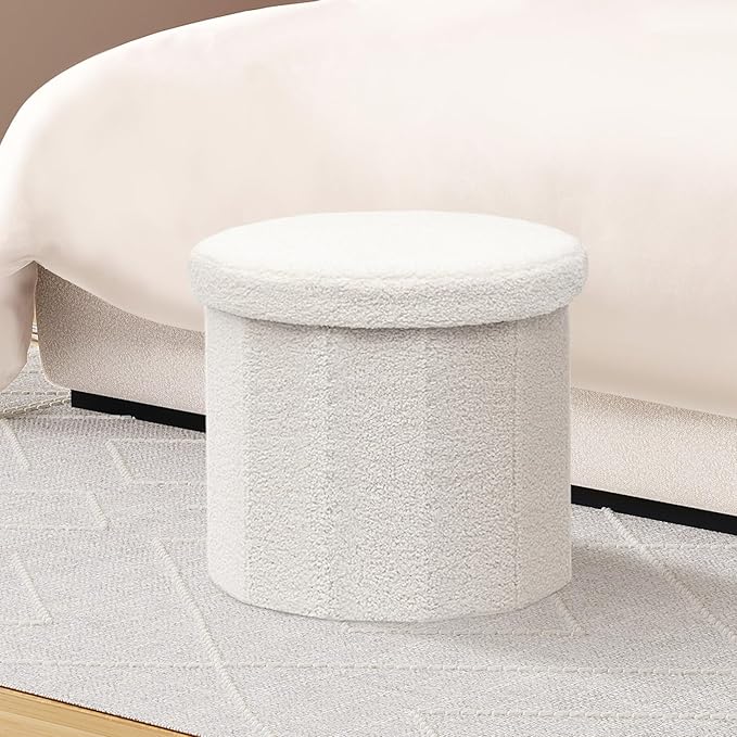 B FSOBEIIALEO Storage Ottoman Cube, Round Ottomans with Storage Foot Stool Footrest for Lving Room, Boucle Ottoman Seat for Dorm Room,Faux Teddy Fur, Cream White 15"x15"x15"-Ruum Studio Home