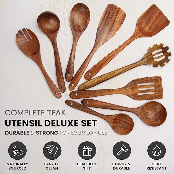 Zulay Kitchen 9-Piece Teak Wooden Utensils for Cooking - Smooth Finish Natural Teak Utensil Set - Non-Stick Wooden Spoons for Cooking - Kitchen Gift Set - Comfortable Grip Wooden Utensil Set-Ruum Studio Home