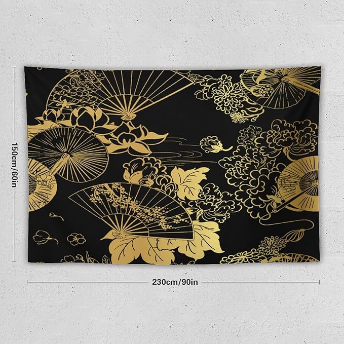 HZOHNAGO Japanese Tapestry Gold Flowers Umbrella Fan Pattern Printed Wall Tapestry Painting Wall Hanging for Bedroom Living Room Dorm 90" W x 60" H-Ruum Studio Home