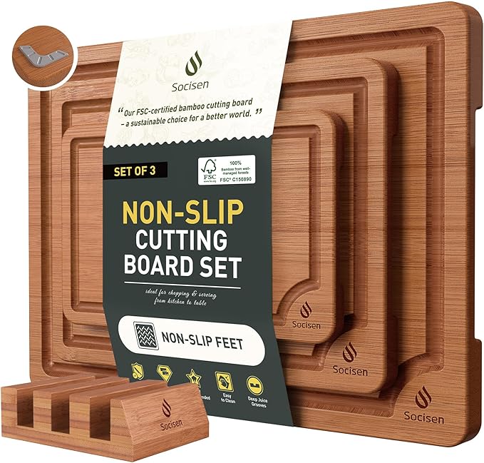 3 Packs Bamboo Cutting Board Set with Non Slip Feet Holder and Over Sink Nice Solid Thick Wood Juice Groove Chopping Board Extra Large Big Small Best Hardwood Kitchen Organic Vegetable Meat BBQ Kit-Ruum Studio Home