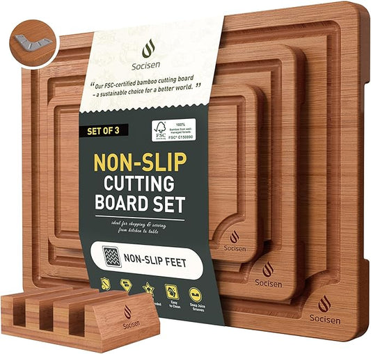 3 Packs Bamboo Cutting Board Set with Non Slip Feet Holder and Over Sink Nice Solid Thick Wood Juice Groove Chopping Board Extra Large Big Small Best Hardwood Kitchen Organic Vegetable Meat BBQ Kit-Ruum Studio Home
