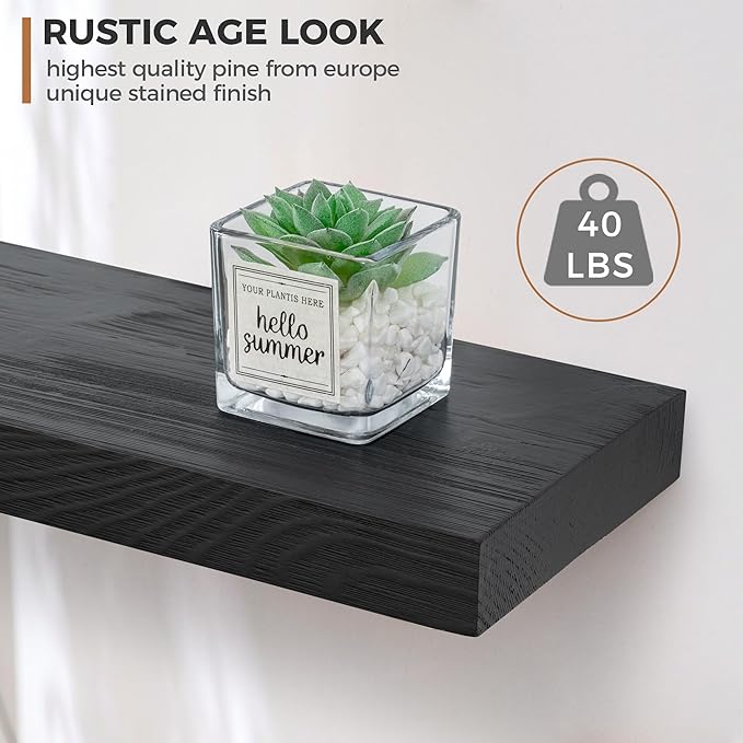 Fun Memories Handcrafted European Pine Floating Shelves - Natural Rustic Wooden Wall Shelf Set of 2-24 Inch Storage Shelf Display Shelf for Kitchen Bathroom Living Room Bedroom Farmhouse - Black-Ruum Studio Home