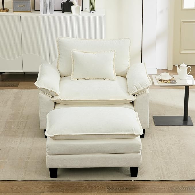 URRED Modular Sectional Sofa Comfy Cloud Couch, Modern Chenille Sofa Sleeper Deep Seat Couches with Ottoman/Pillows for Living Room (White, 53''- Ottoman)-Ruum Studio Home
