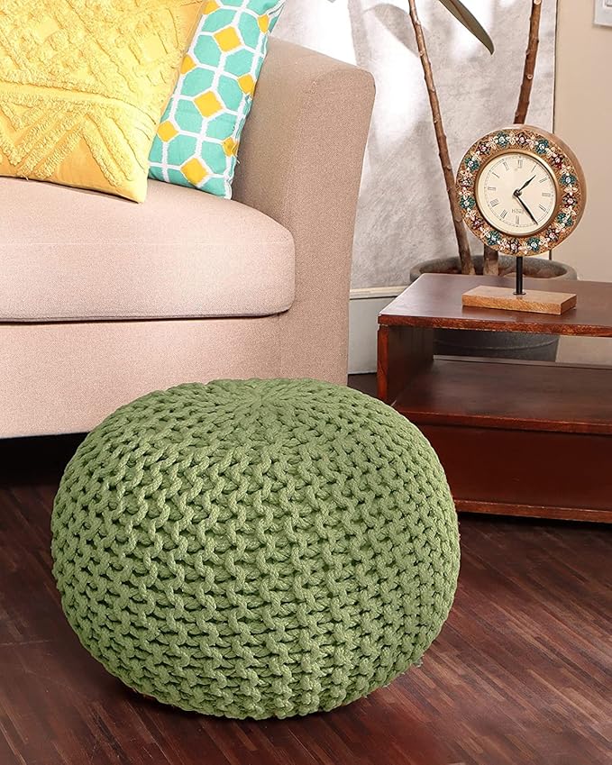 REDEARTH Round Pouf Foot Stool Ottoman - Cotton Knitted Cord Boho Pouffe - Cable Poof Filled Footrest Stuffed for Living Room - Nursery - Bedroom - Patio - Lounge (19.5"x19.5"x14") - Kiwi-Ruum Studio Home