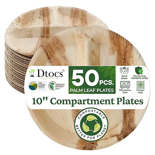 Dtocs 3 Compartment Plates (50 Pc) Palm Leaf 10 Inch Round Portion Control Buffet Sectional Plate | Bamboo Plates Disposable Like Compostable Camping Dinnerware Stronger than Divided Paper, Styrofoam-Ruum Studio Home