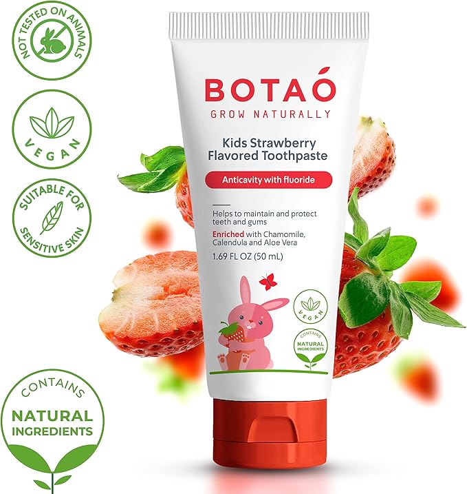 Kids Natural Strawberry Flavored Anticavity Fluoride Toothpaste Maximum Cavity Protection Cleans Children’s Teeth Protects Gums Chamomile Aloe Vera Calendula Xylitol for Ages 2 and Up-Ruum Studio Home