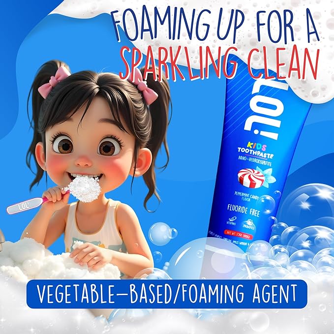 LOL Kid Toothpaste Fluoride Free, Nano Hydroxyapatite Toothpaste Kids, Probiotics & Xylitol Tooth Paste Kids | Remineralizing | Natural | Plant-Based Foam | Pasta De Dientes para Niños (Peppermint)-Ruum Studio Home