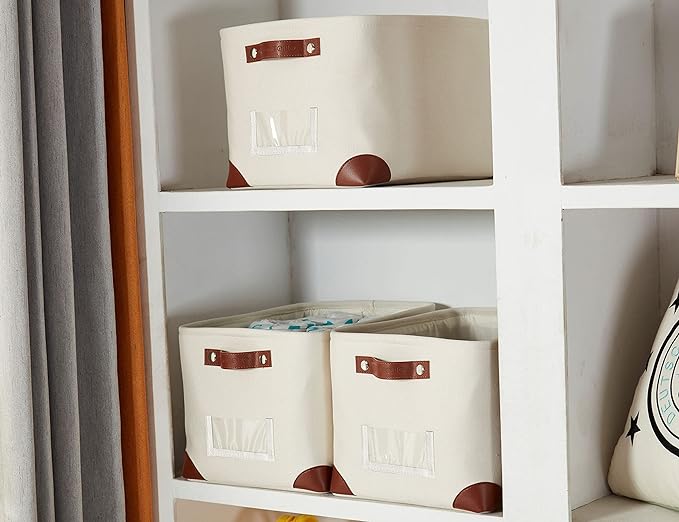 DECOMOMO White Storage Bins Fabric Storage Baskets for Shelves & Linen Closet Organization (Creamy White W/Label holder, Large - 3 Pack)-Ruum Studio Home
