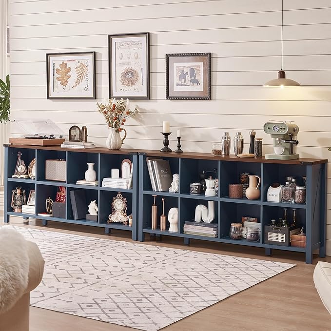 8 Cube Book Shelf, Farmhouse Wood Long Storage Organizer Bookcase, 62" Horizontal Navy Blue Console Closet Bookshelf, Hallway TV Stand for Entryway, Display Cabinet Book Case for Living Room-Ruum Studio Home