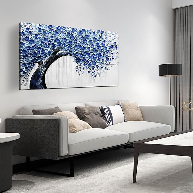 Large Wall Art for Living Room Bedroom Home Office Blue Tree of Life Wall Art Floral Picture Framed Wall Decor Modern Canvas Prints 24x48 In-Ruum Studio Home