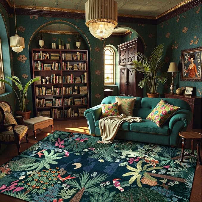 LIVEBOX Washable Bedroom Rug 8x10 Under Bed, Modern Stain Resistant Dark Green Botanical Rug for Living Room Playroom Kids Boy Room, Non-Slip Jungle Forest Print Rugs for Nursery Baby-Ruum Studio Home