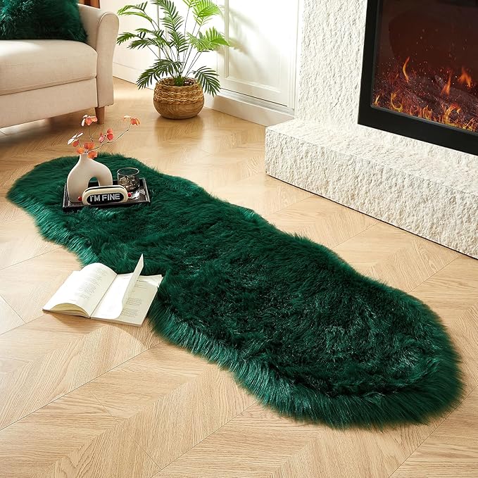 AMTOVO Faux Sheepskin Rug, Dark Green Ultra Soft Fluffy Shag Area Rug, 2 x 6 ft Faux Fur Rug for Bedroom Sofa Throw Cushion Room Decor, Sheepskin-Ruum Studio Home