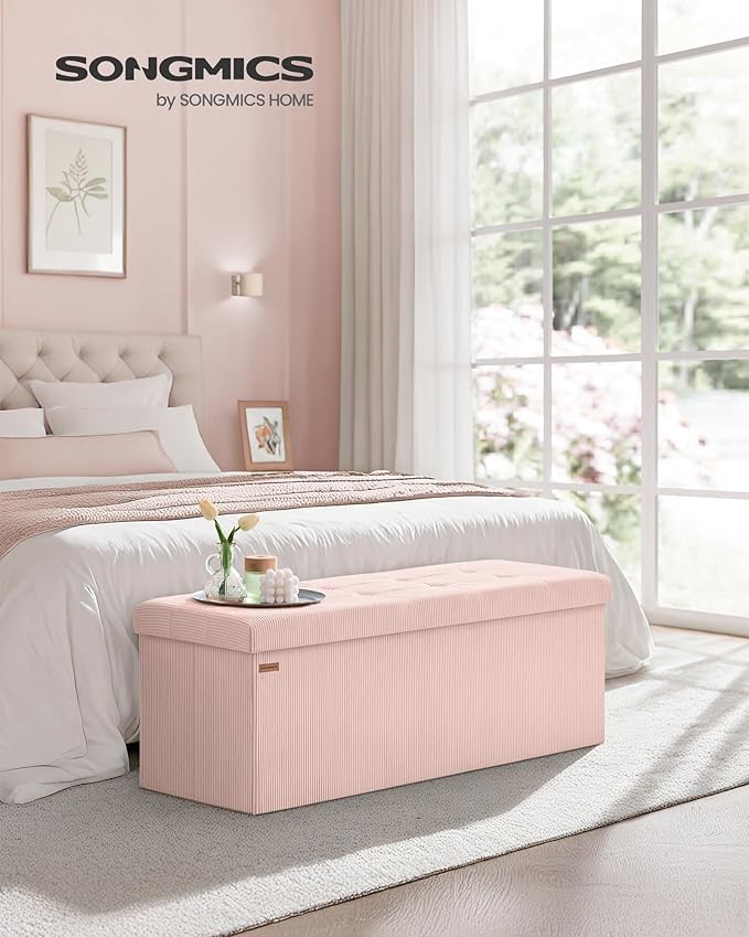 SONGMICS MAZIE Collection - Storage Ottoman Bench, Foldable Foot Rest, 15 x 43 x 15 Inches, End of Bed Bench, Storage Chest, Load 660 lb, Living Room, Bedroom, Entryway, Jelly Pink ULSF604R01-Ruum Studio Home