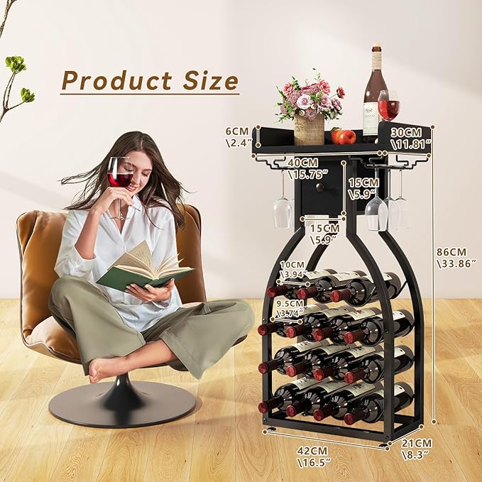 IBUYKE Wine Rack Freestanding Floor,Wine Storage 15 Bottles Bottle Rack with Glass Holders, Mini Bar Wine Cabinet with Storage Drawer for Home Bar Kitchen Dining Room,Black,UTMJ908B-Ruum Studio Home