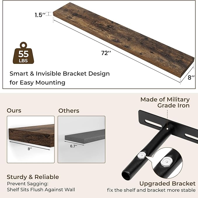 RICHFOCUS 72Inch Floating Shelves for Wall 1 Pack Shelves for Bedroom|Kitchen|Bathroom Wall Mounted Rustic Wood Floating Shelf with Invisible Brackets for Books|Storage|Decor, Rustic Brown-Ruum Studio Home
