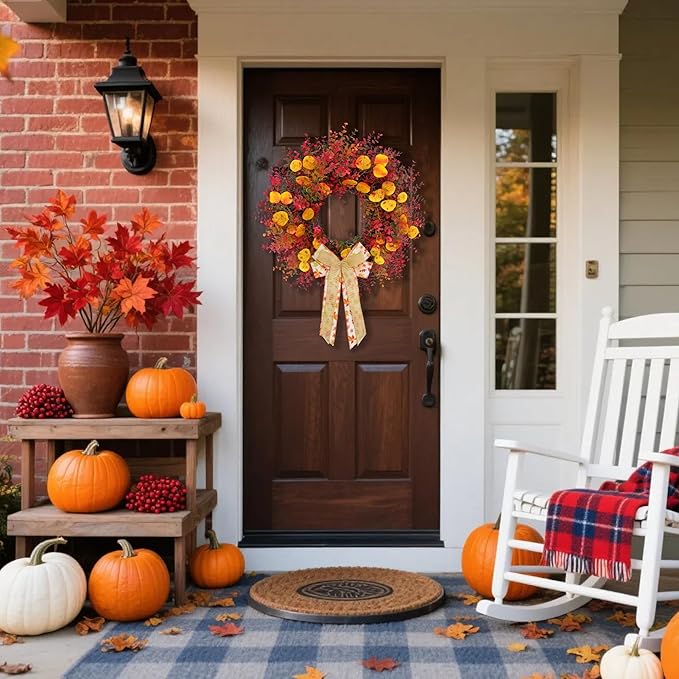 CYANBLOOM Fall Front Door Wreath: 24 Inch Large Burgundy Boxwood Eucalyptus Wreaths with Maple Bow for Rustic Farmhouse Decor - Weatherproof Outdoor Indoor All Season - Thanksgiving Halloween Decor-Ruum Studio Home