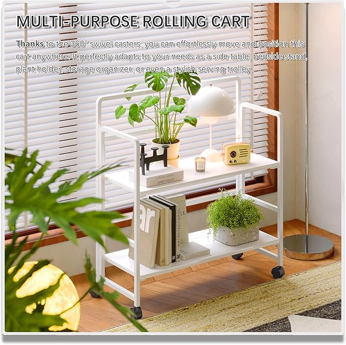 4NM 2 Tiers No-Assembly Folding Bookshelf with Wheels, Portable Rolling Storage Bookcase & Compact Side Table for Living Room, Bedroom, Kitchen, Bathroom (All White)-Ruum Studio Home