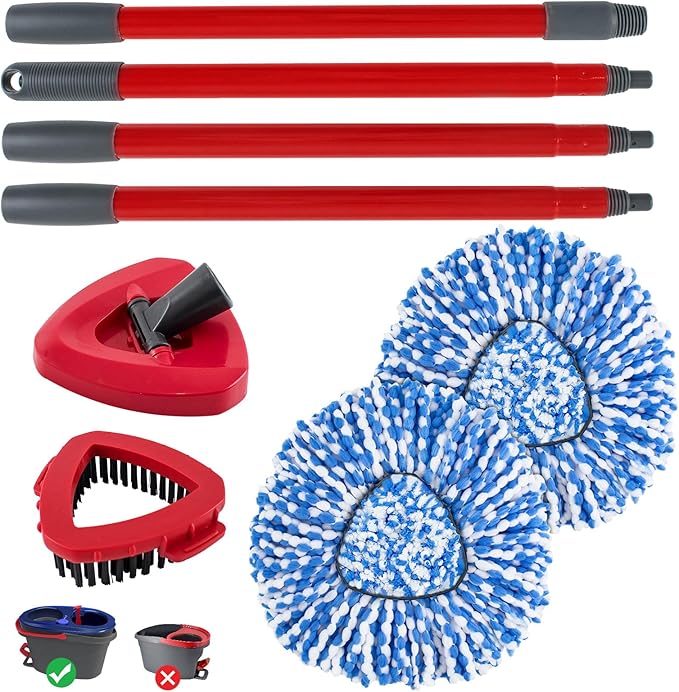 Spin Mop Head,Mop Handle,Base,Brush Compatible with Ocedar RinseClean 2 Tank Spin Mop System,2 Microfiber Spin Mops Replacement Head,4 Section Iron Mop Handle 30-58",Base and Scrub Brush Combo Set-Ruum Studio Home