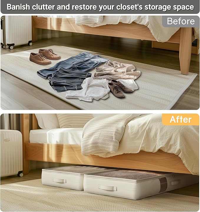 Soft-Sided Foldable Under bed Storage Bags with Window,No Rigid Frame Closet Organizers,Storage Containers for Blankets, Clothing, Comforter, Collapsible Fabric Design,4 Pack, White Ivory-Ruum Studio Home