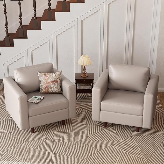 Faux Leather Oversized Accent Chair with Storage Deep Seat Single Sofa Large Reading Armchair for Living Room Bedroom Office Whitesand Set of 2-Ruum Studio Home