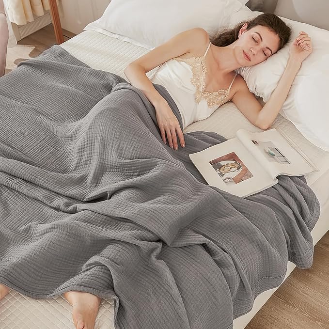 EMME Cotton Muslin Blanket King Size - Soft, Breathable Layering Blanket, 108"x90", All Season Gauze, Grey-Ruum Studio Home