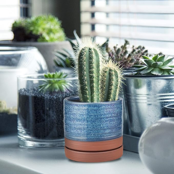6 Inch Plant Pots, Ceramic Planter Pot with Drainage Hole & Saucer, Indoor/Outdoor Cylinder Round Planter Pot, Aqua Blue & Terracotta Red-Ruum Studio Home
