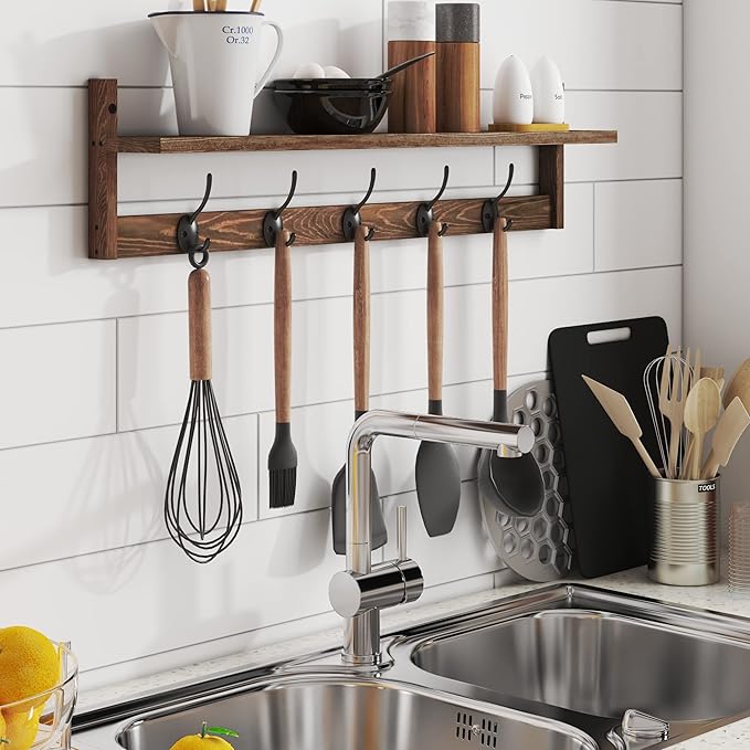 BAMEOS Wall Mounted Coat Rack with Adjustable Easy Install, Rust Proof, Brown Wooden Material, 28.9 Inch Length-Ruum Studio Home